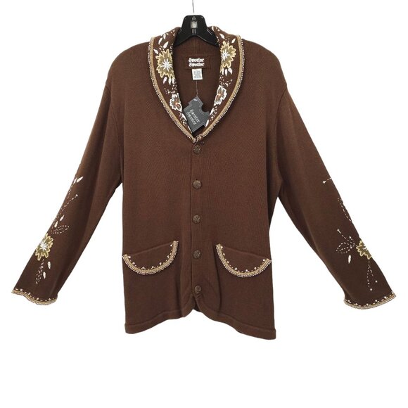 Sweater Sweater Embroidered Beaded Cowl Neck Cardigan Womens Size XL Brown NEW - Picture 1 of 16
